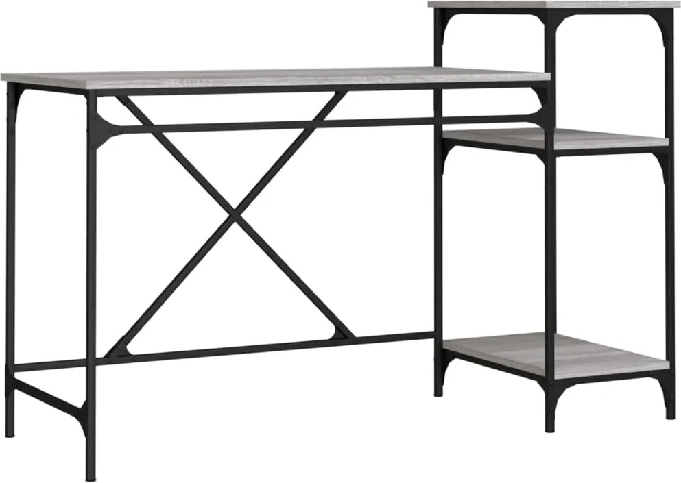 vidaXL Birou cu rafturi, gri sonoma, 135x50x90 cm, lemn compozit/fier