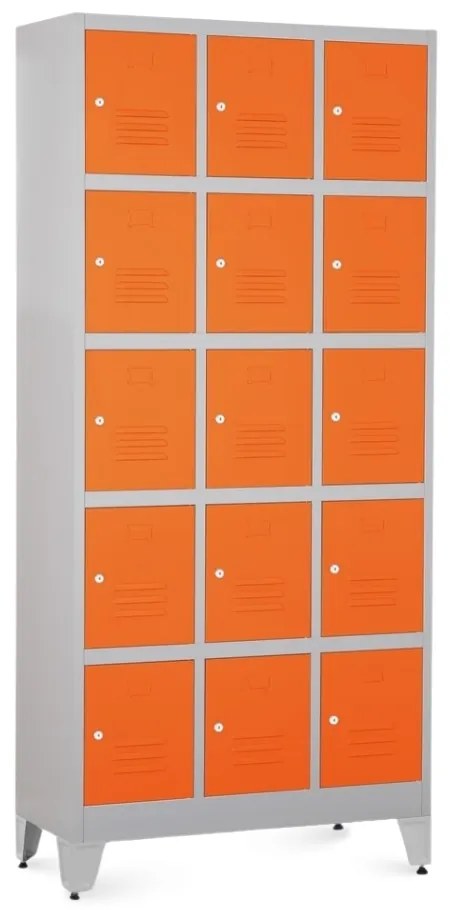 Dulap metalic - 15 cutii, 90 x 40 x 196,5 cm, picioare reglabile, încuietoare cilindrică, portocaliu - ral 2004