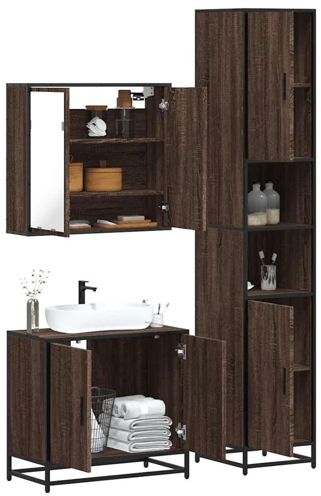 vidaXL Set mobilier de baie, 3 piese, stejar maro, lemn prelucrat