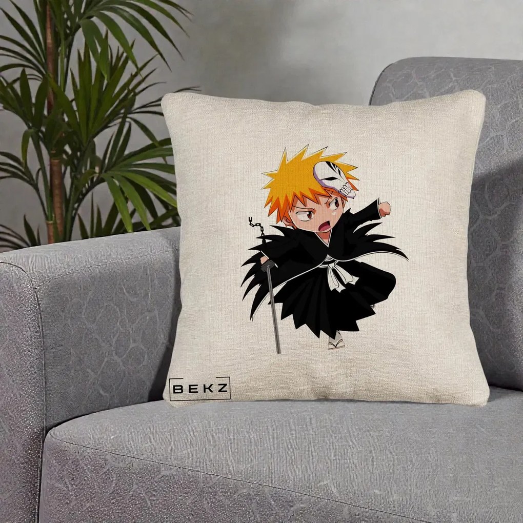 Perna Personalizata Bleach Ichigo Chibi cu Masca, 40x40 cm, Bej Canapea, Husa Detasabila, Perna Inclusa, BEKZ®