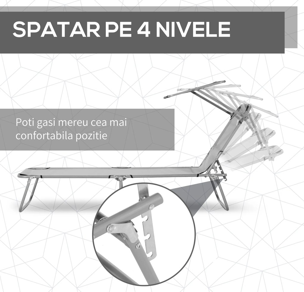 Outsunny Sezlong pentru Gradina cu Baldachin Reglabil, Sezlong pentru Plaja Pliabil Rabatabil pe 4 Niveluri, Gri deschis