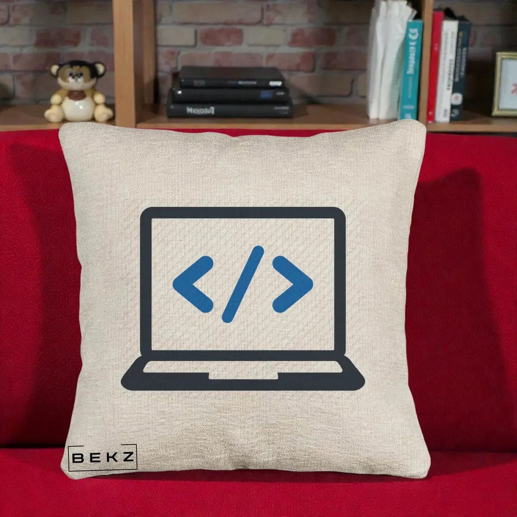 Perna Personalizata Laptop Cod HTML, 40x40 cm, Bej Canapea, Husa Detasabila, Perna Inclusa, BEKZ®