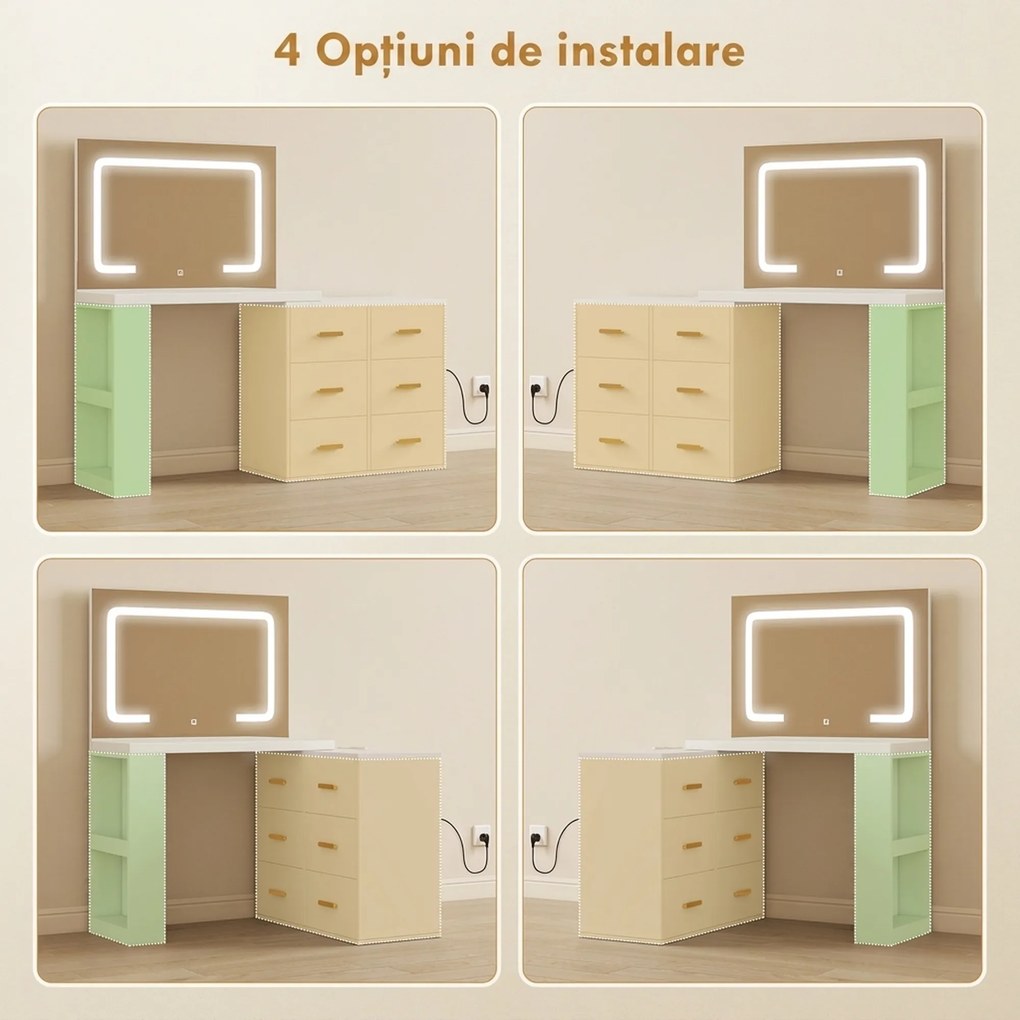 HOMCOM Stație de Machiaj cu Lumini LED, 3 Culori, Luminozitate Reglabilă, Toaletă Convertibilă cu Prize Electrice, 6 Sertare Soft Close, Oglindă, Rafturi Deschise, pentru Dormitor, Alb | Aosom Romania