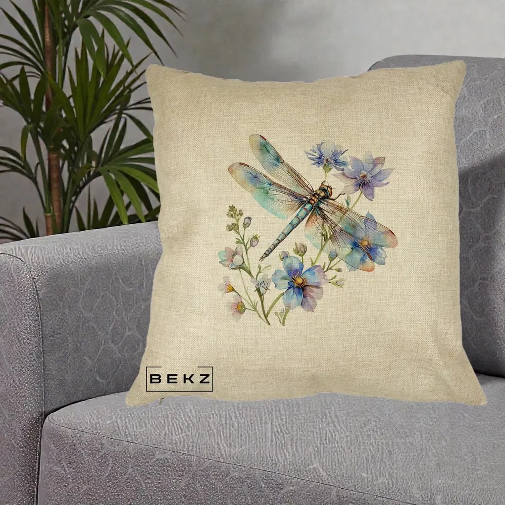 Perna Decorativa Libelula Acuarela Flori Albastre, 40x40 cm, Crem, Husa Detasabila, Perna Inclusa, BEKZ®
