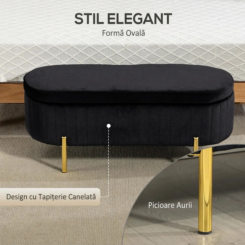 HOMCOM Bancă de Depozitare Ovală 72L cu Capac Rabatabil, din Catifea și Lemn, 108 x 44 x 43,5 cm, Negru | Aosom Romania