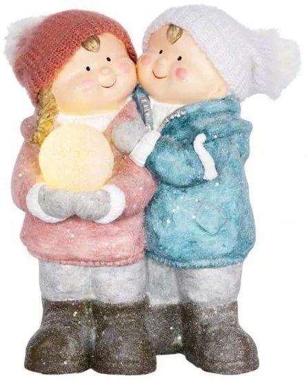 Decoratiune iarna, ceramica, baiat si fata cu bulgare de zapada, roz si albastru, LED, 27.5x23x40 cm