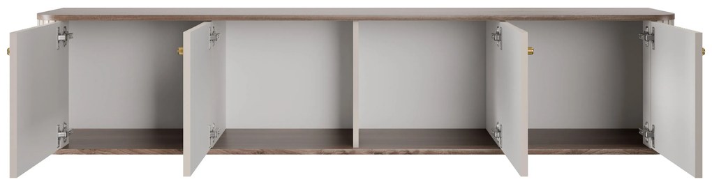 Comodă TV suspendată Vesper 4D 187 cm - cașmir / nuc / mânere aurii