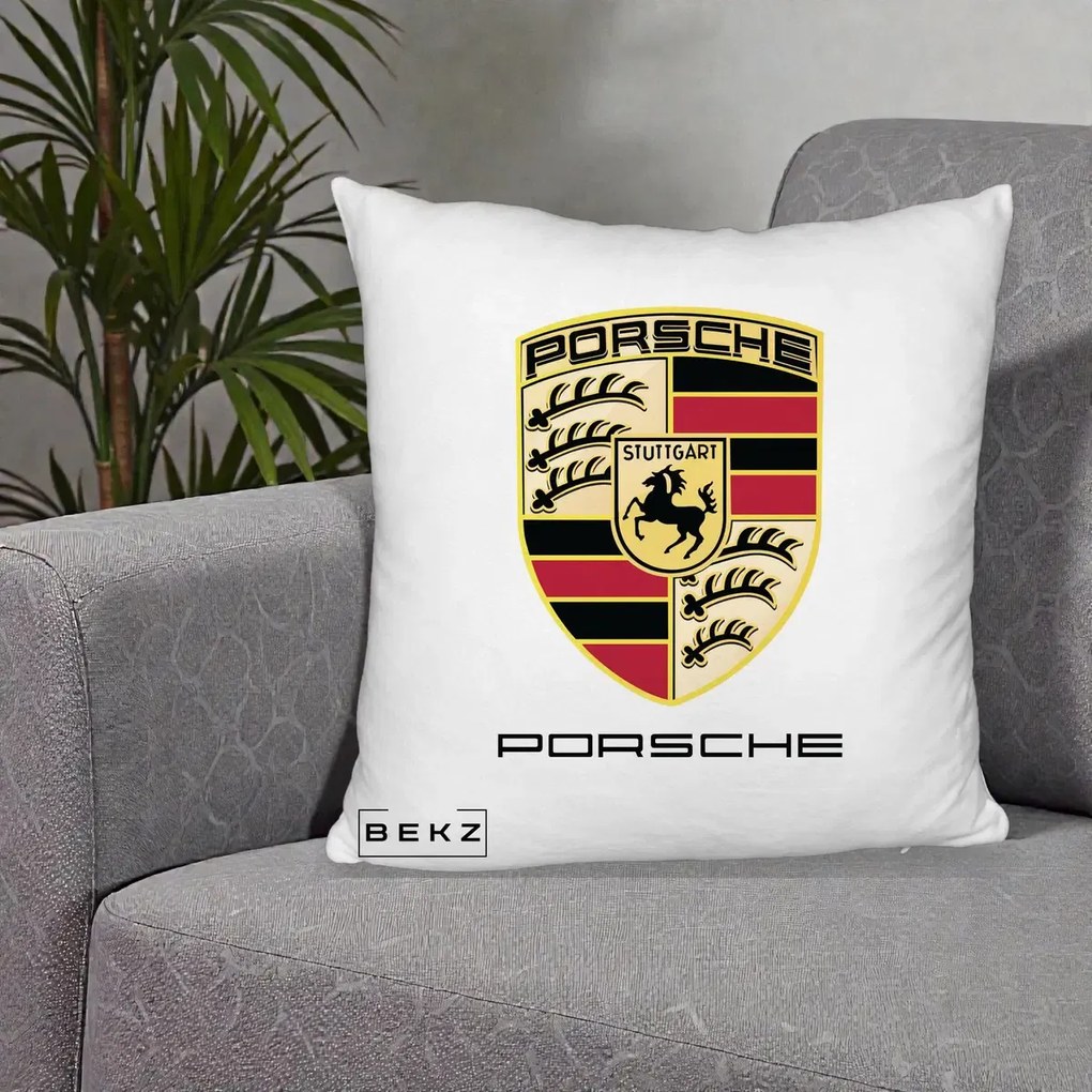 Perna Personalizata Porsche Stuttgart, 40x40 cm, Alb Pufos, Husa Detasabila, Perna Inclusa, BEKZ®