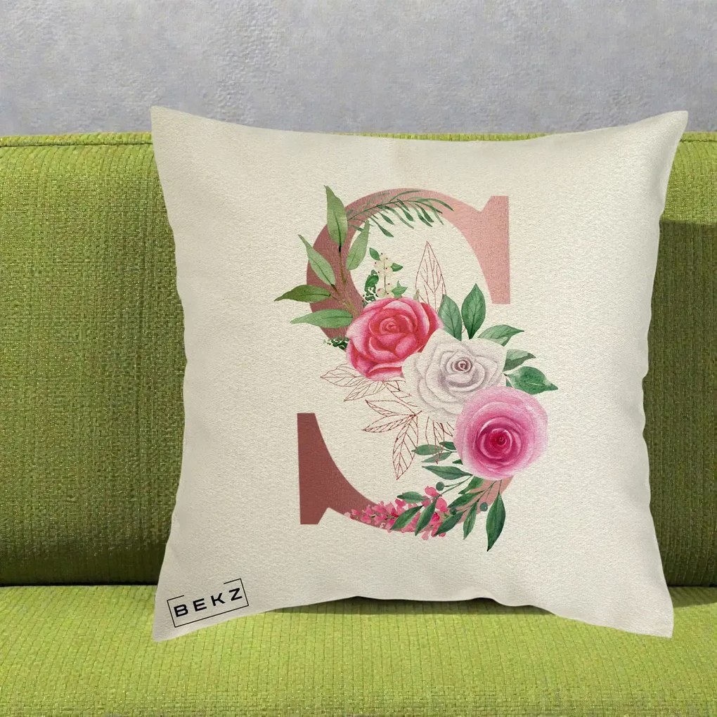 Cadou Personalizat - Perna Personalizata Monograma Rose Gold Litera S, 40x40 cm, Ecru, Husa Detasabila, Perna Inclusa, BEKZ®