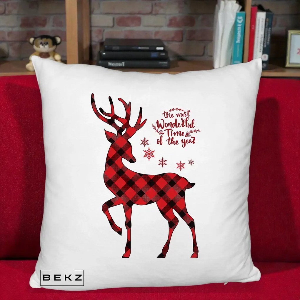 Perna Decorativa Ren Buffalo Plaid Craciun, 40x40 cm, Alb Pufos, Husa Detasabila, Perna Inclusa, BEKZ®