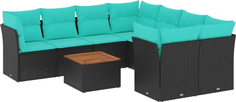 vidaXL Set mobilier de grădină cu perne, 9 piese, negru, poliratan