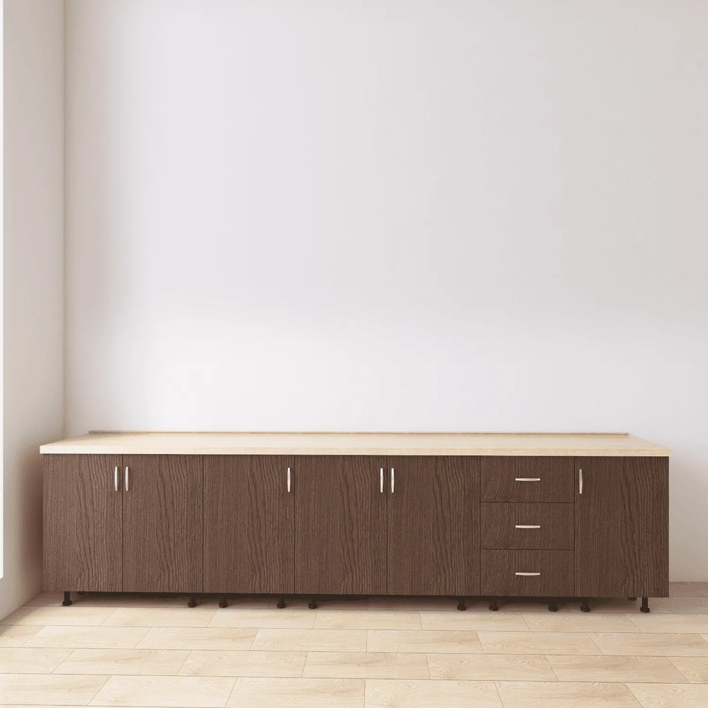Set Corp Bucatarie L260 x H90 x A50cm, Culoare Wenge, Picioare Reglabile, Blat Termorezistent 2.8 cm