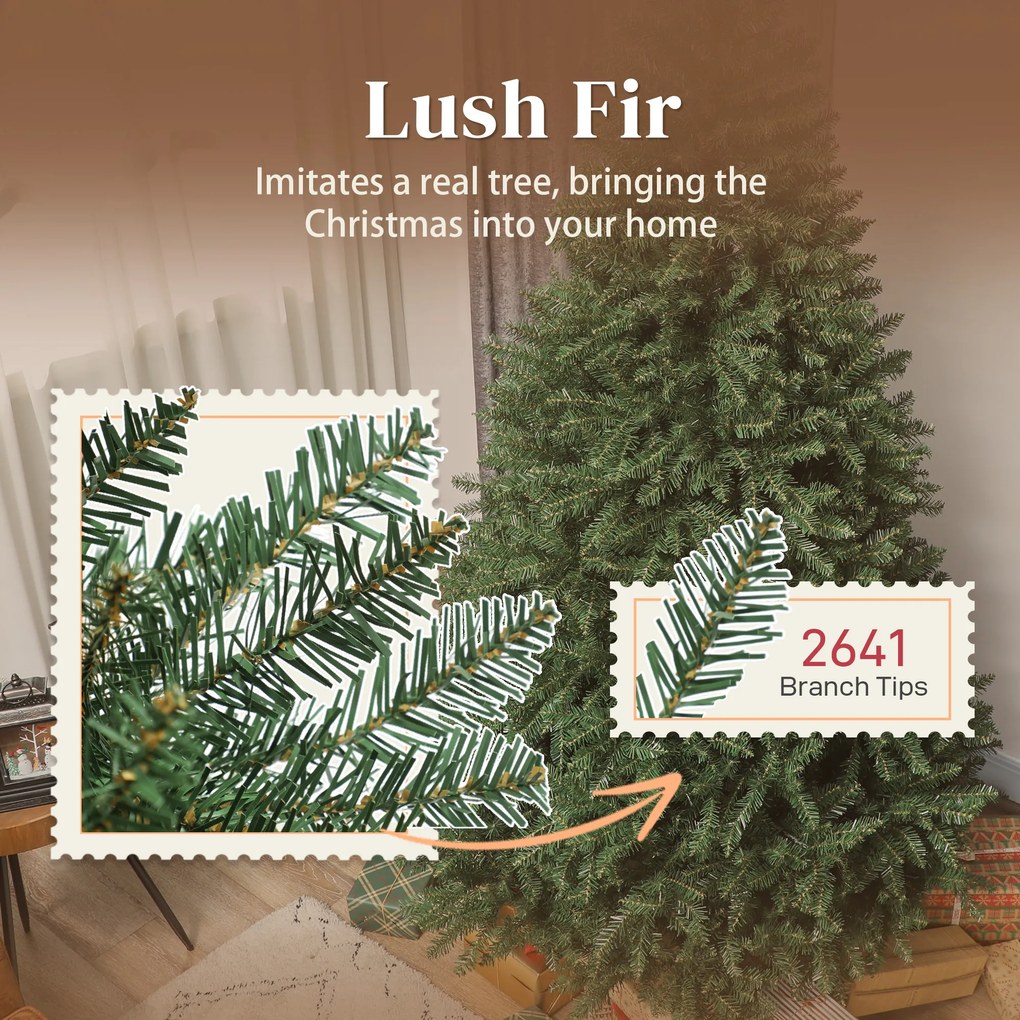 HOMCOM Brad de Crăciun Artificial 210 cm cu 2641 Ramuri Ignifuge, Brad de Crăciun Artificial Dens și Realist cu Bază Metalică Pliabilă, Asamblare Ușoară, pentru Casă și Spații Interioare, Verde | Aosom Romania