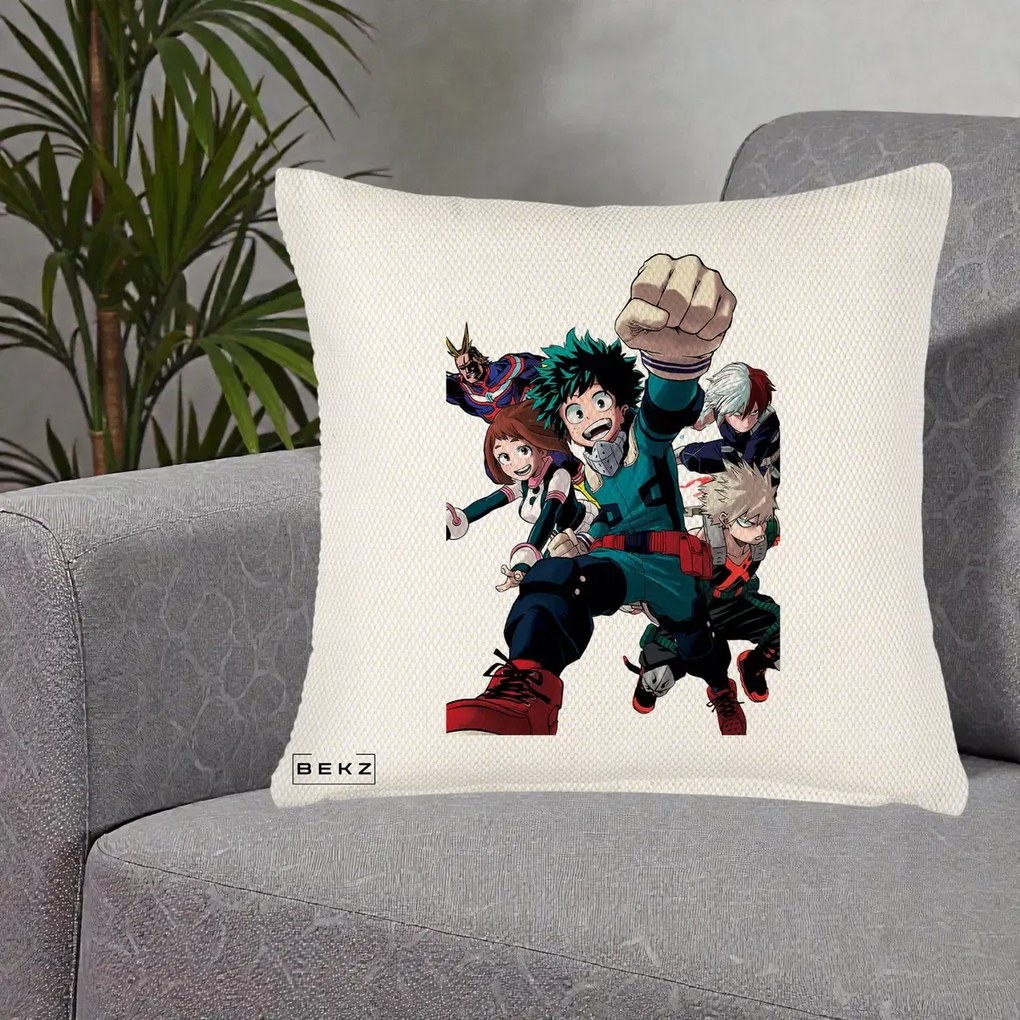 Perna Personalizata My Hero Academia Izuku Deku si Echipa, 40x40 cm, Crem Reliefat, Husa Detasabila, Perna Inclusa, BEKZ®