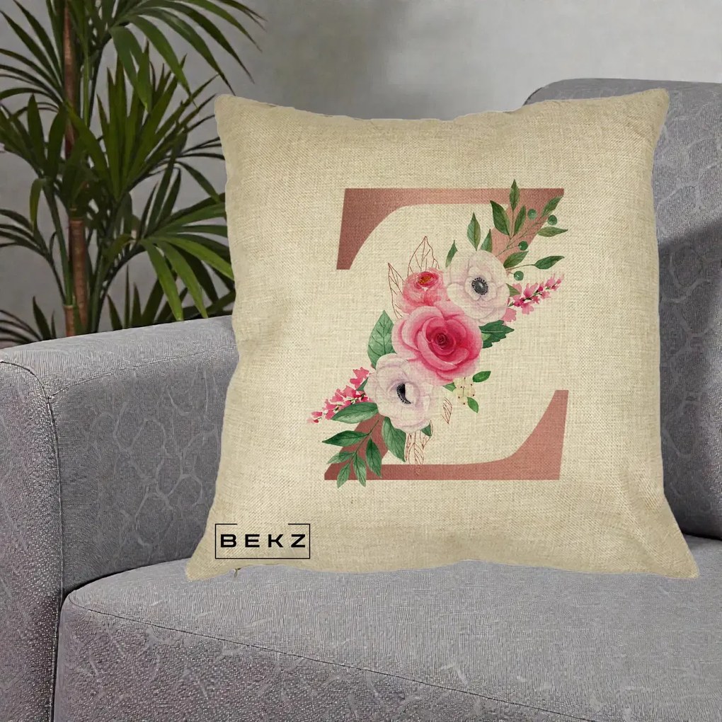 Cadou Personalizat - Perna Personalizata Monograma Rose Gold Litera Z, 40x40 cm, Crem, Husa Detasabila, Perna Inclusa, BEKZ®