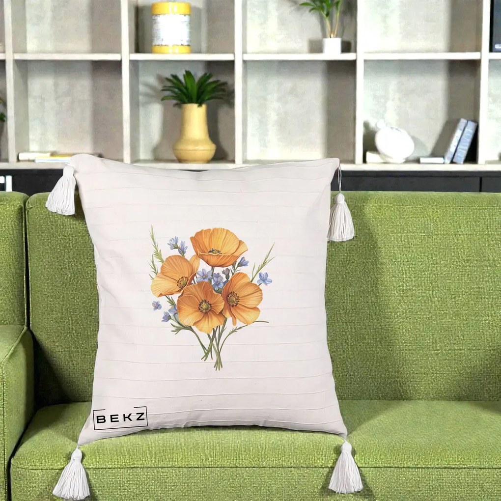 Perna Decorativa Maci Portocalii cu Floricele Albastre, 40x40 cm, Bej cu Franjuri, Husa Detasabila, Perna Inclusa, BEKZ®