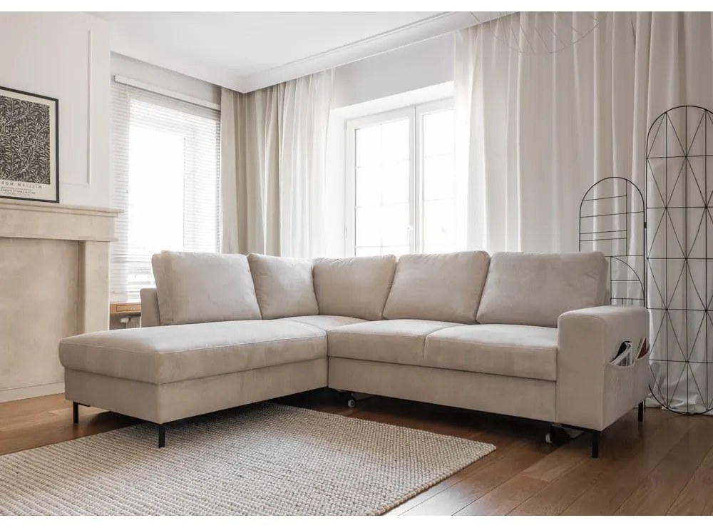 Colțar bej extensibil cu tapițerie din catifea reiată (cu colț pe partea stângă ) Lofty Lilly – Miuform