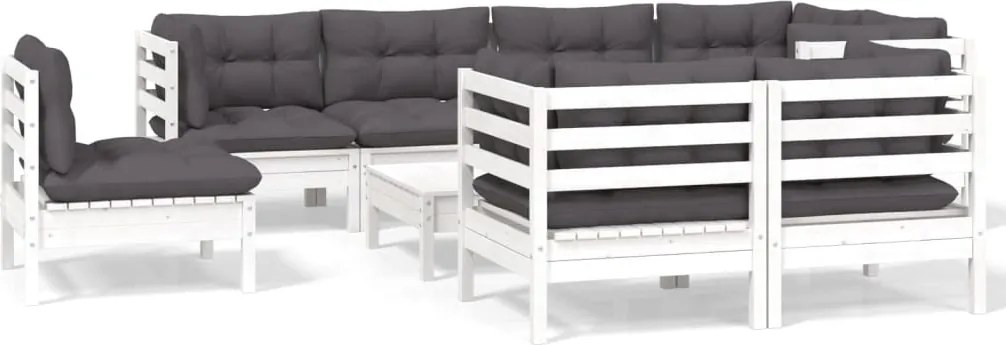 vidaXL Set mobilier grădină cu perne, 9 piese, alb, lemn masiv pin