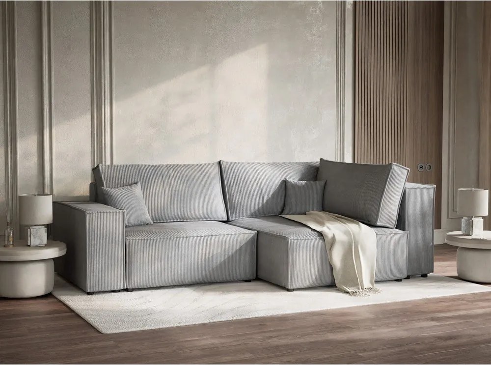 Colțar gri extensibil/cu spațiu de depozitare cu tapițerie din catifea reiată (cu colț pe partea dreaptă/în formă de ”L”) Tonga – Maison de Rêve
