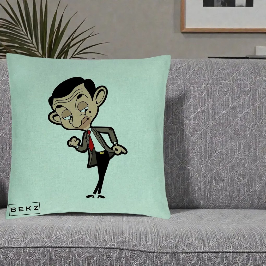 Perna Personalizata Mr. Bean Caricatura, 40x40 cm, Verde Menta, Husa Detasabila, Perna Inclusa, BEKZ®