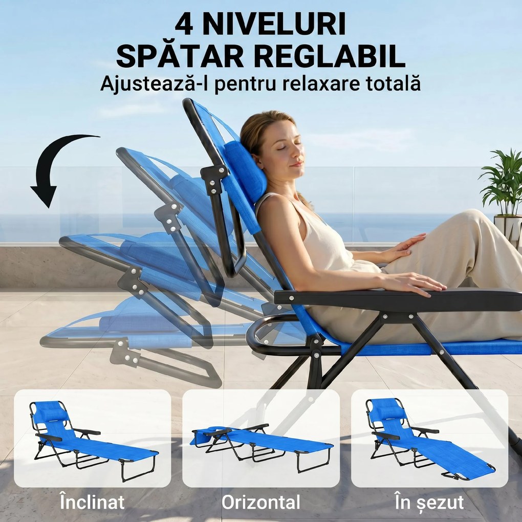 Outsunny Sezlong Plaja Pliabil cu 4 Nivele Rabatare si brațe, Greutate sustinuta 120 kg,Gri | Aosom Romania