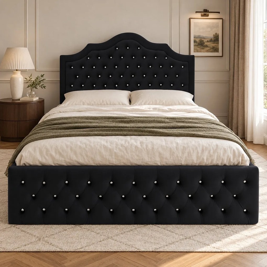 Pat tapițat Chesterfield din catifea Imperio Deluxe 160×200 cm, negru, cu ladă de depozitare