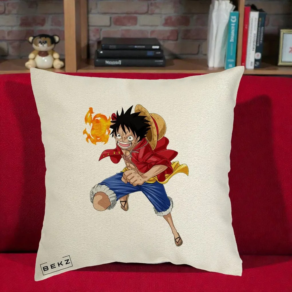 Perna Personalizata One Piece Luffy Gear Second Foc, 40x40 cm, Ecru, Husa Detasabila, Perna Inclusa, BEKZ®