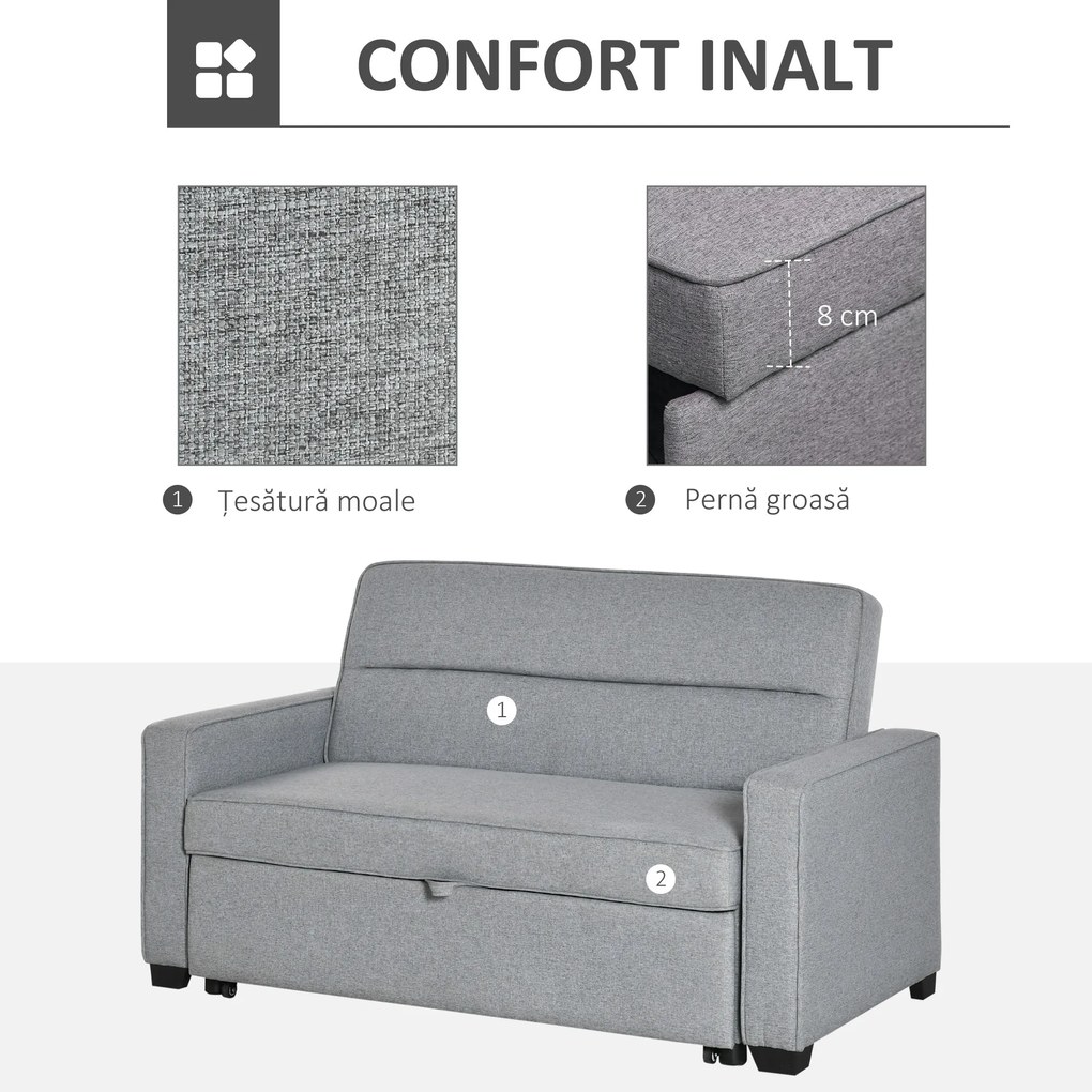 Canapea pat HOMCOM cu tapițerie din material textil, 2 locuri cu spatar reglabil pe 3 niveluri, gri | Aosom Romania