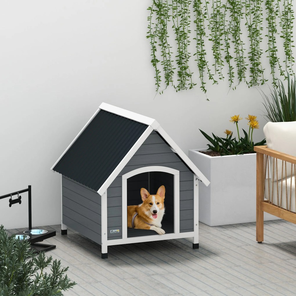 PawHut Cușcă pentru Câini, Casă din Lemn pentru Câini cu Podea Detașabilă, Adăpost pentru Animale de Companie cu Lemn Anticoroziv,  84x99x87 cm, Gri