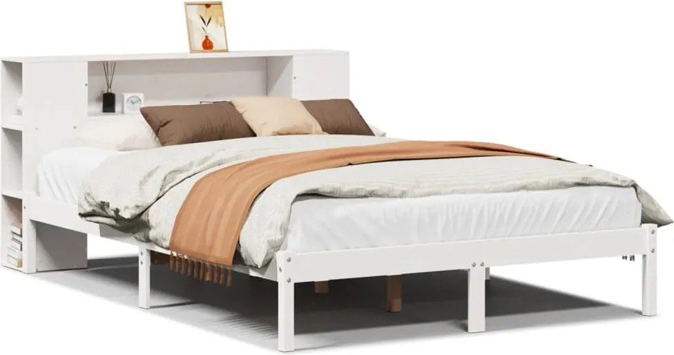 vidaXL Pat cu bibliotecă fără saltea, alb, 140x190 cm, lemn masiv pin