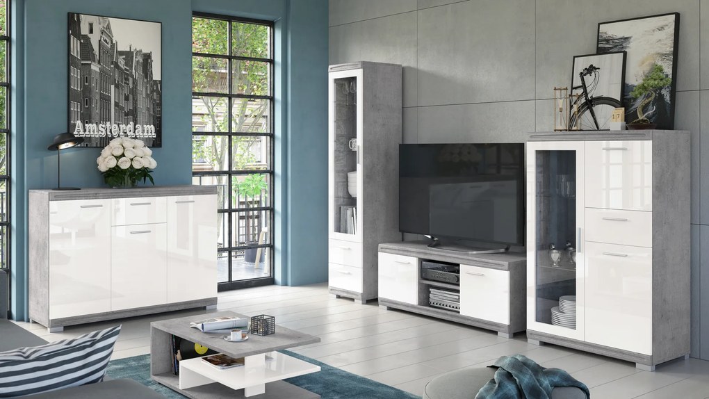 Mazzoni Comodă SIMPLE KWD3SZ1 Beton Millennium/Alb Luciu - VITRINA DULAP CU RAFTURI PENTRU LIVING STICLĂ CU LUCIU