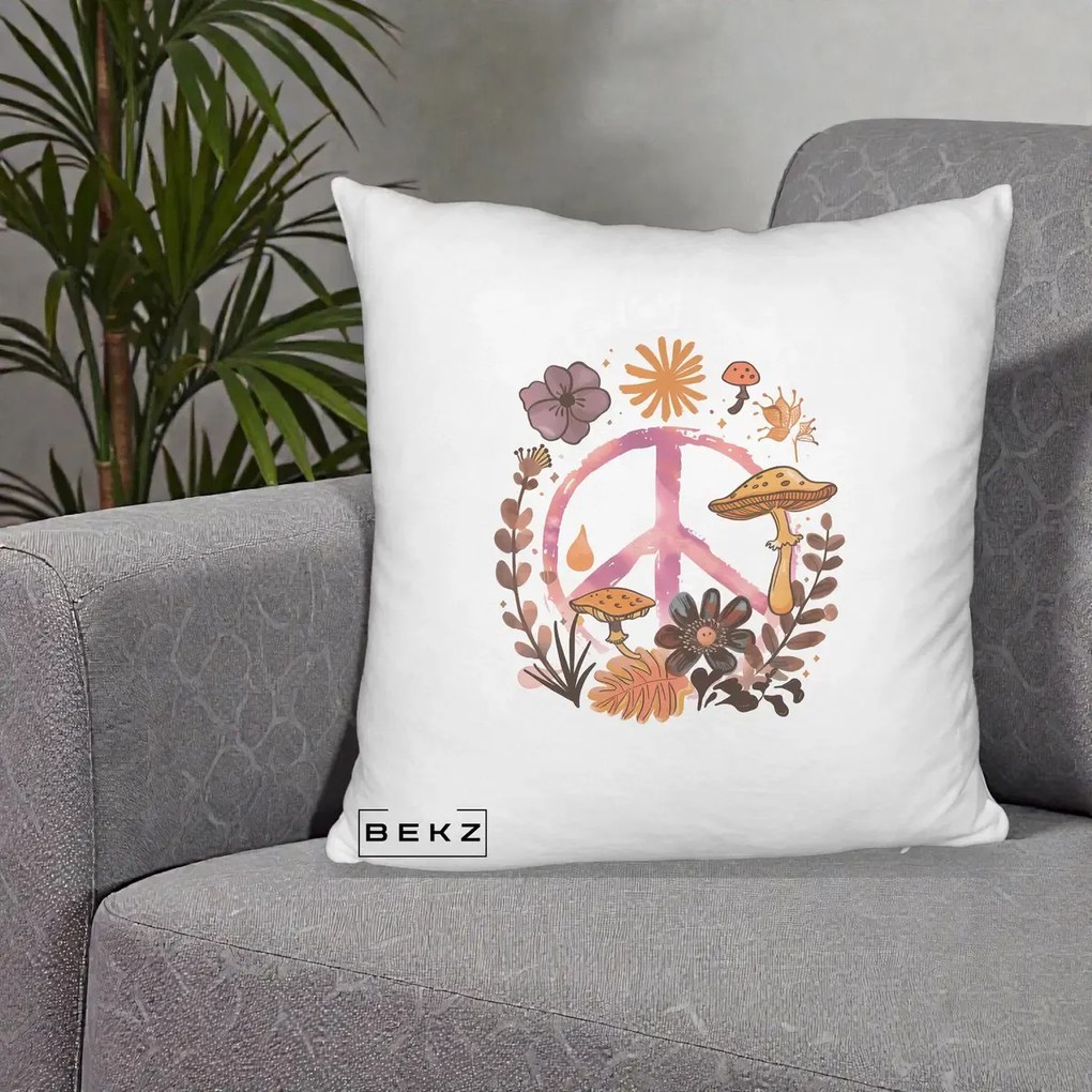 Perna Decorativa Peace Ciuperci Boho, 40x40 cm, Alb Pufos, Husa Detasabila, Perna Inclusa, BEKZ®