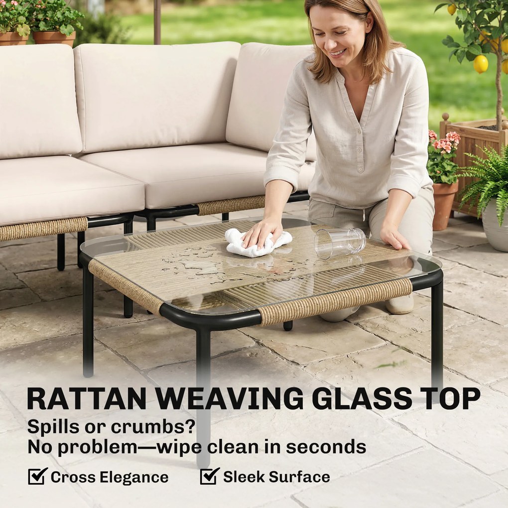 Outsunny Set mobilier gradină din polyrattan 5 piese Set lounge cu 3 fotolii masă cu sticlă taburet scaune late și adânci perne detașabile | Aosom Romania