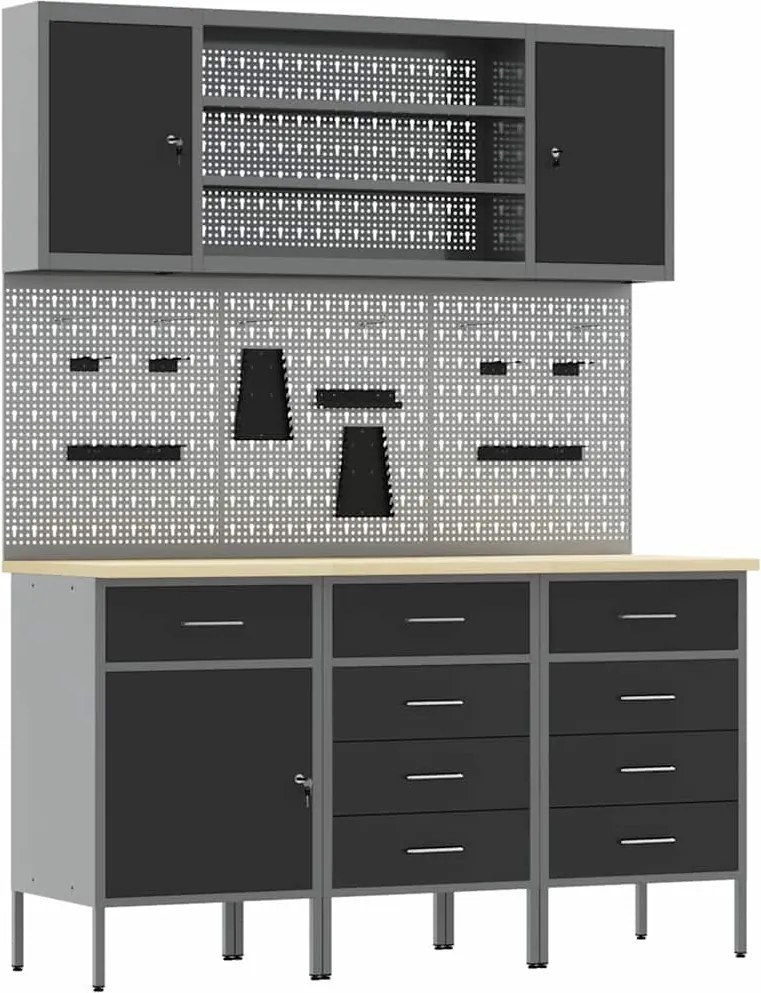 vidaXL Dulap de lucru cu sertar 7 pcs Negru Lemn ingineresc și oțel