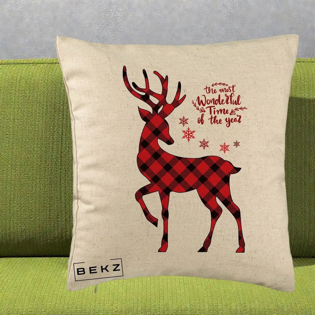 Perna Decorativa Ren Buffalo Plaid Craciun, 40x40 cm, Bej, Husa Detasabila, Perna Inclusa, BEKZ®