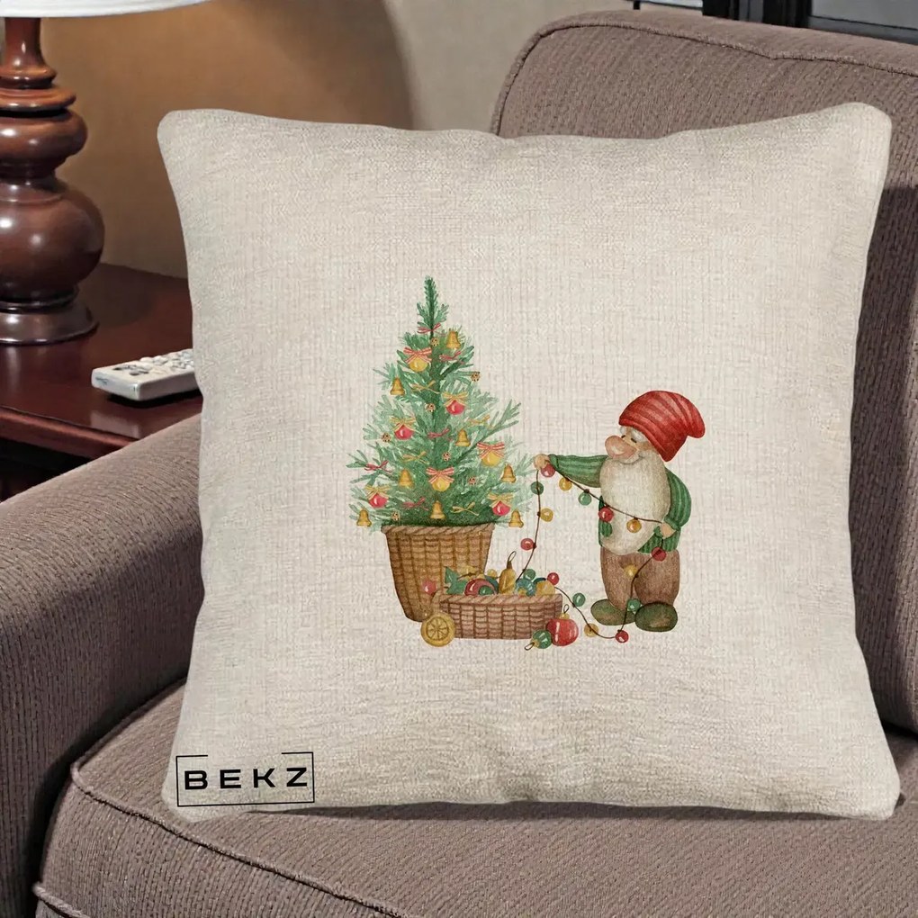 Perna Decorativa Pitic de Craciun cu Brad, 40x40 cm, Bej Canapea, Husa Detasabila, Perna Inclusa, BEKZ®