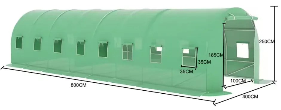 Solar de grădină, 4x8 m, 32 m², cadru din oțel, țeavă galvanizată, folie PE armată, 16 ferestre rulante, rezistent la UV, impermeabil, Verde,