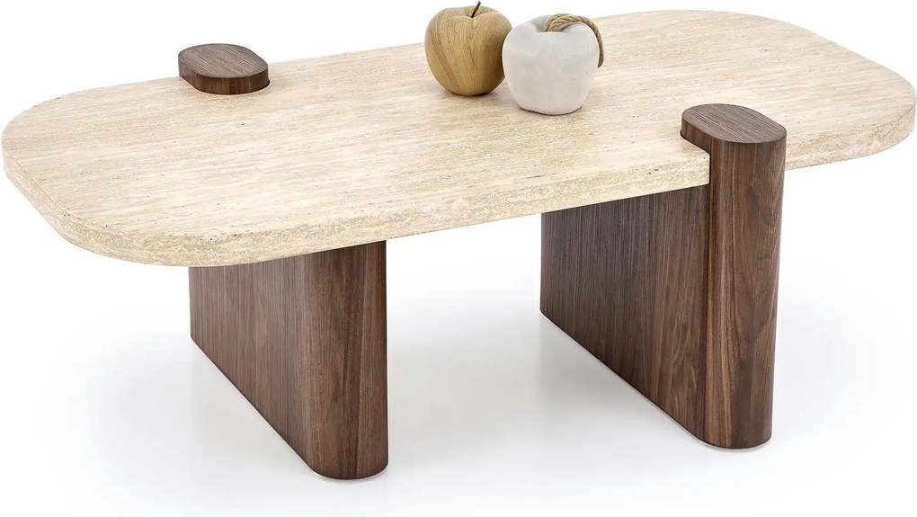 Masuta cafea CANOA, travertin/nuc, 120x70x43 cm