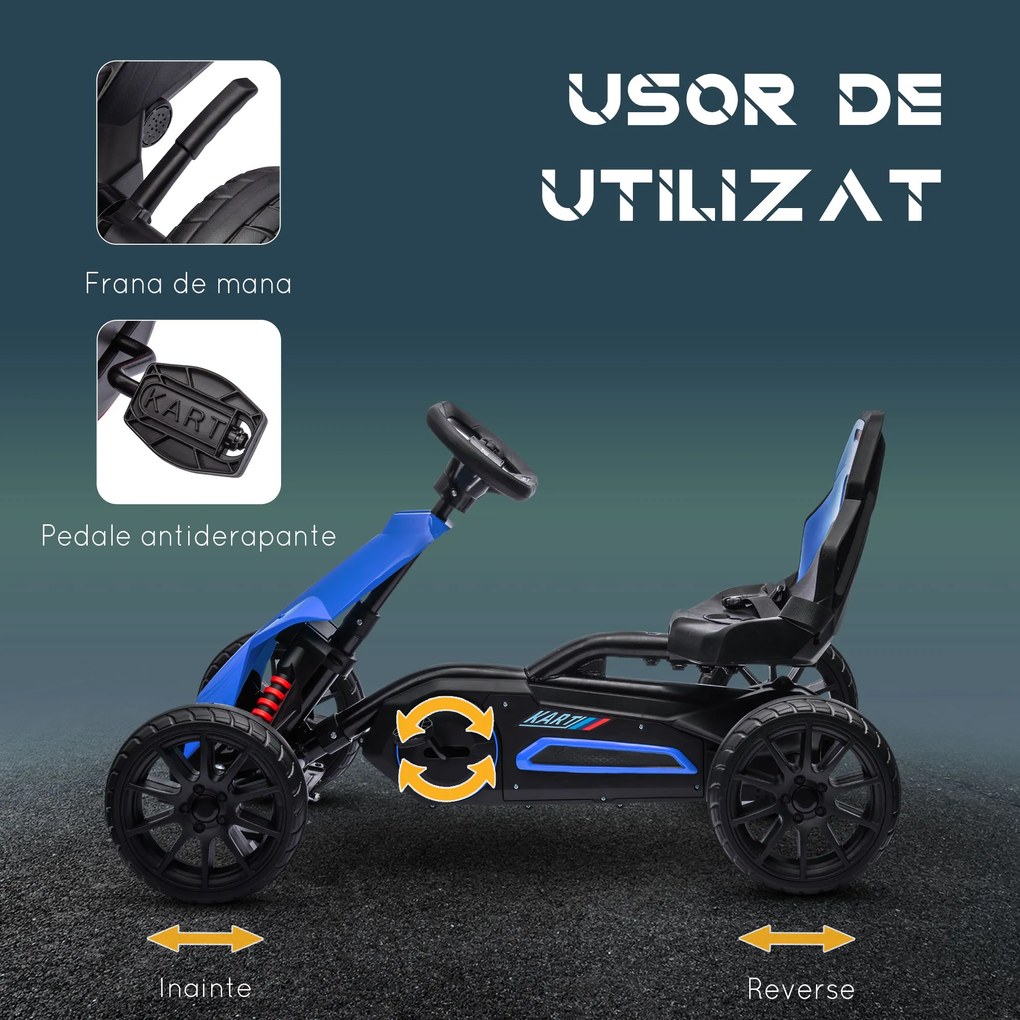 Kart cu pedale pentru copii cu vârsta de 3-8 ani cu scaun reglabil în 4 poziții și roți EVA, 100x58x58,5cm, albastru-negru HOMCOM | Aosom Romania