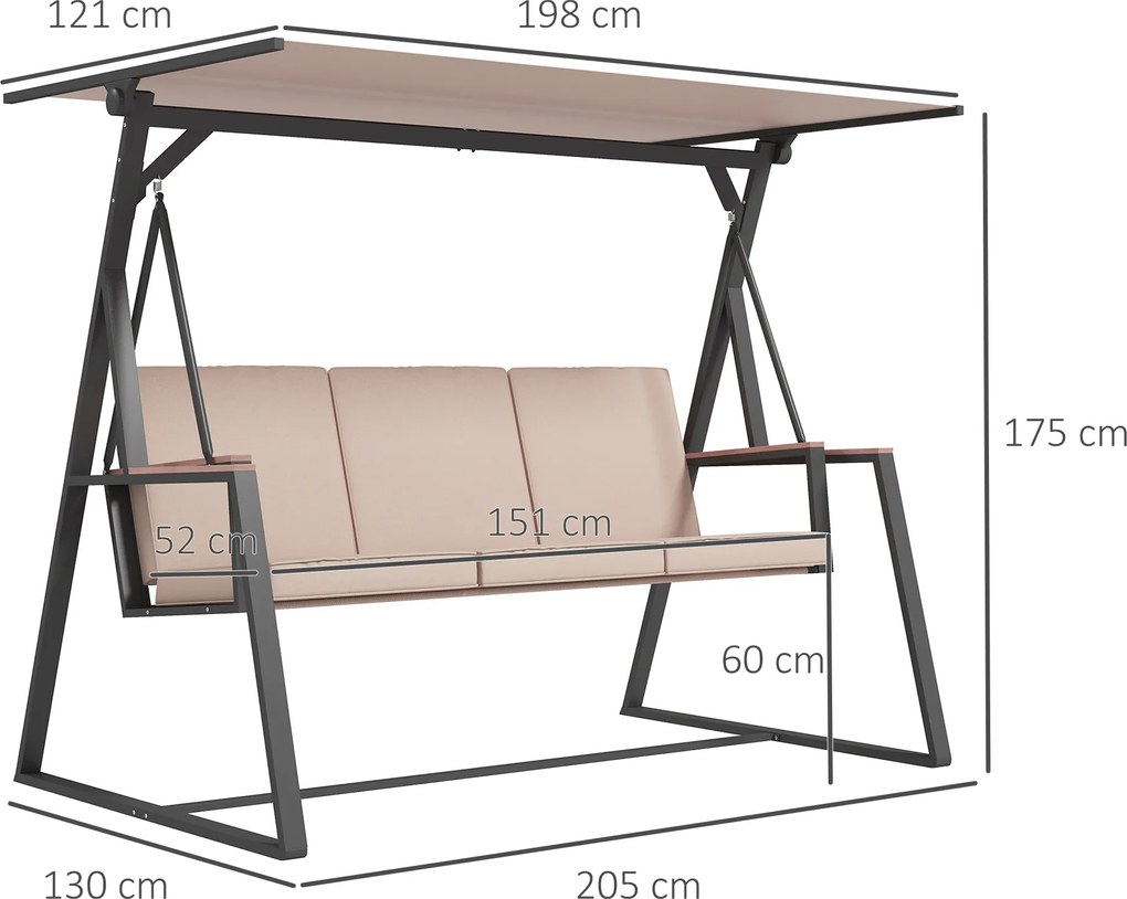 Outsunny Leagăn Hollywood Leagăn de grădină 3 locuri, cu copertină, rezistent la intemperii, Bej + Negru | Aosom Romania