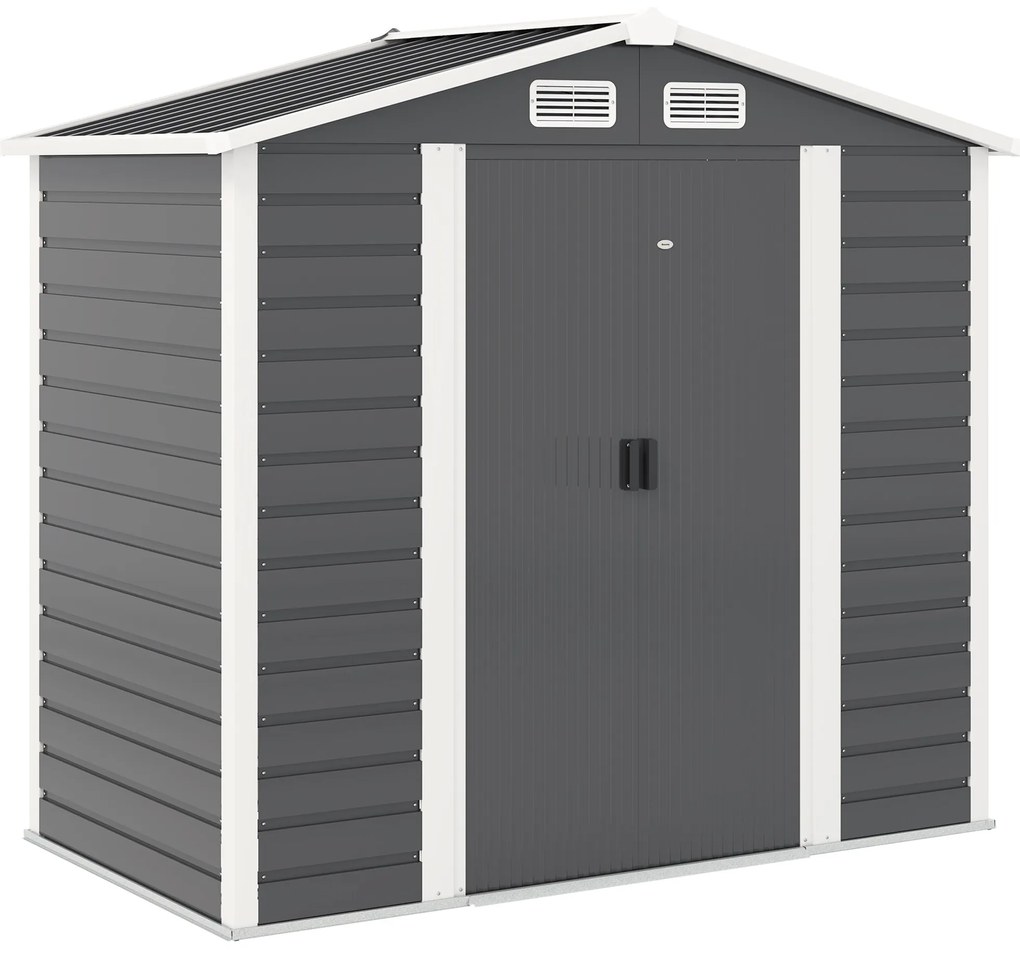 Outsunny Magazie de Grădină din Tablă de Oțel cu 4 Orificii de Ventilație și 2 Uși Glisante, 213x120x194 cm, Gri Închis | Aosom Romania