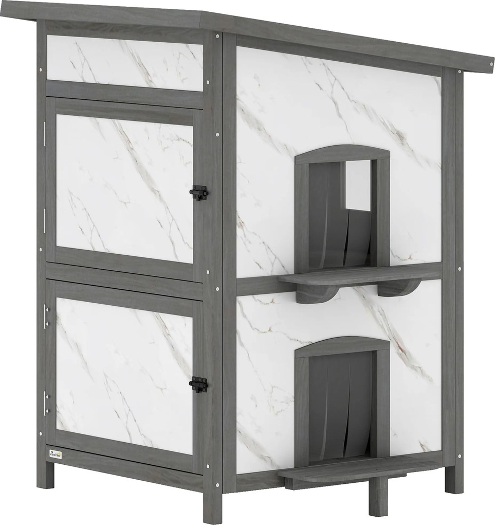 PawHut Căsuță pentru exterior, casă din lemn pentru pisici, intrări multiple, fereastră, rezistent la apă, 60 x 60 x 88 cm, Alb | Aosom Romania