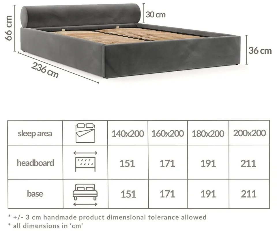 Pat matrimonial gri închis tapițat cu spațiu de depozitare cu somieră 160x200 cm Solvo – Maison de Rêve