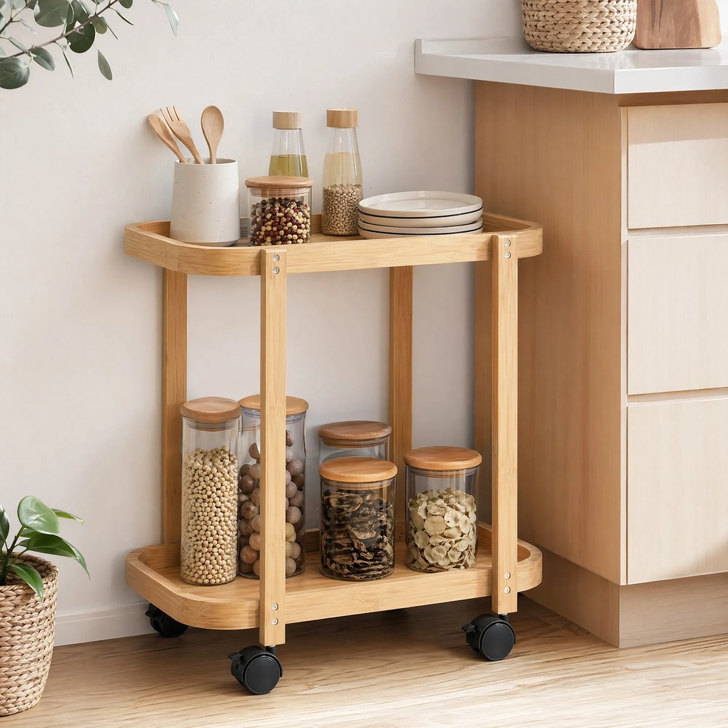 HOMCOM Cărucior de bucătărie din bambus 2 niveluri Cărucior auxiliar pentru bucătărie cu roți 2 rafturi 54x36,5x60 cm Natural | Aosom Romania