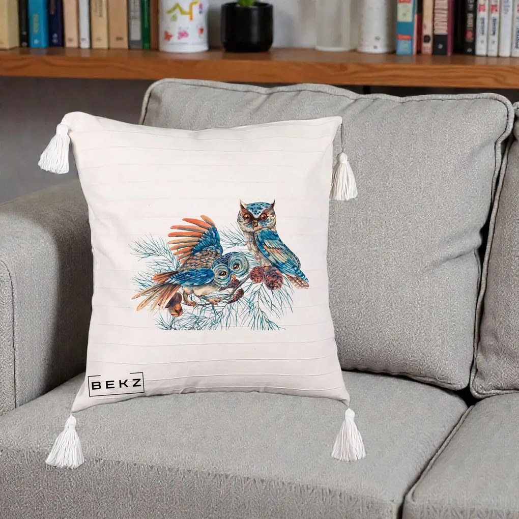 Perna Decorativa Bufnite de Iarna Albastre, 40x40 cm, Bej cu Franjuri, Husa Detasabila, Perna Inclusa, BEKZ®