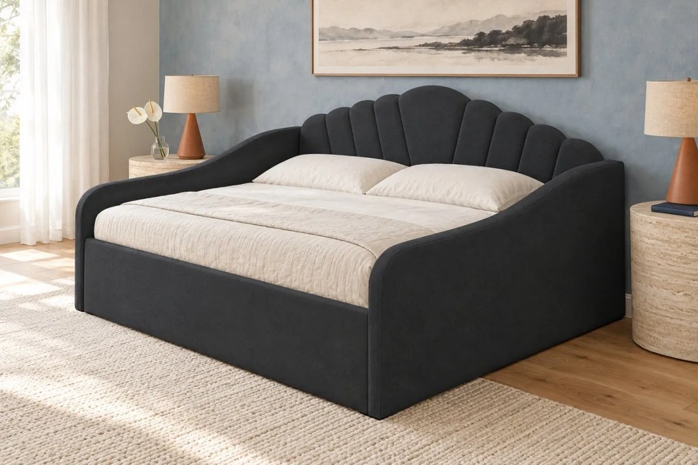 Pat tapițat pentru copii din catifea Noma 140×200 cm, gri închis, cu ladă de depozitare