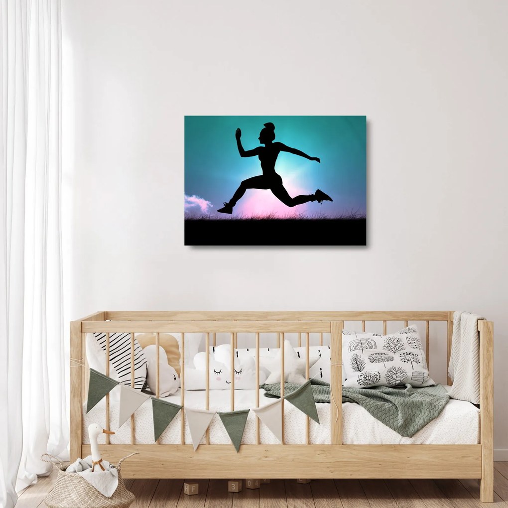 Tablou pe sticlă cu silueta feminină sărind (70x50 cm)