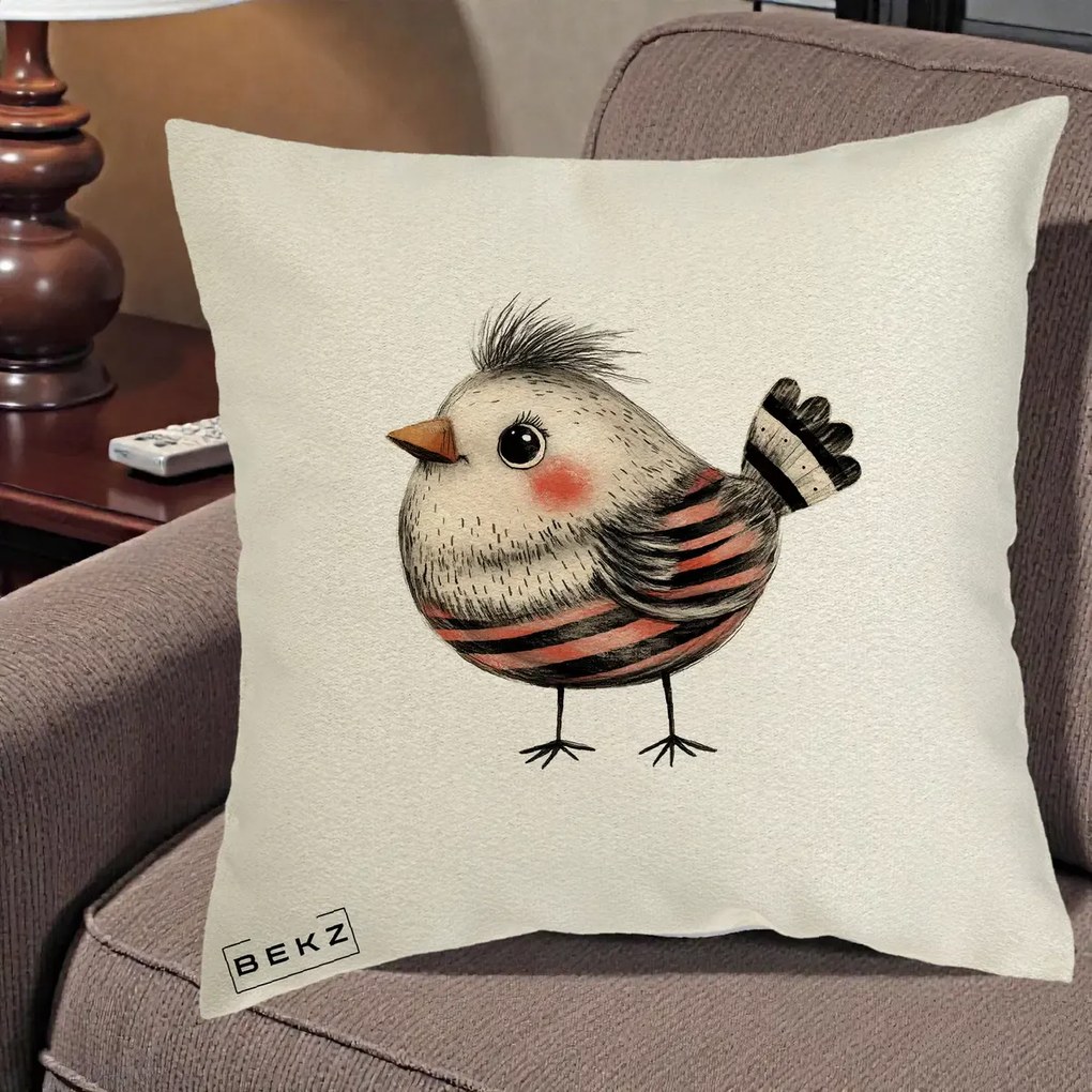 Perna Decorativa Pui Expresiv Dungi Negru-Rosu, 40x40 cm, Ecru, Husa Detasabila, Perna Inclusa, BEKZ®