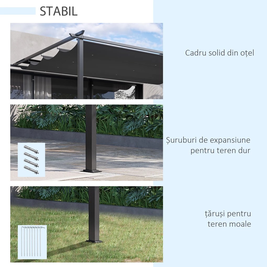Foisor tip pergola Outsunny cu acoperis culisant, suruburi si carlige incluse, otel si poliester 390x290x220 cm, gri | Aosom Romania