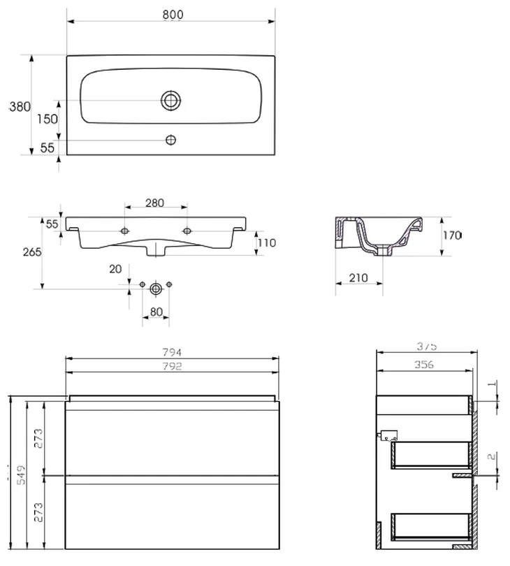 Set dulap baie suspendat 2 sertare, lavoar inclus, Cersanit Moduo Slim, 80 cm, alb Alb, 800x380 mm